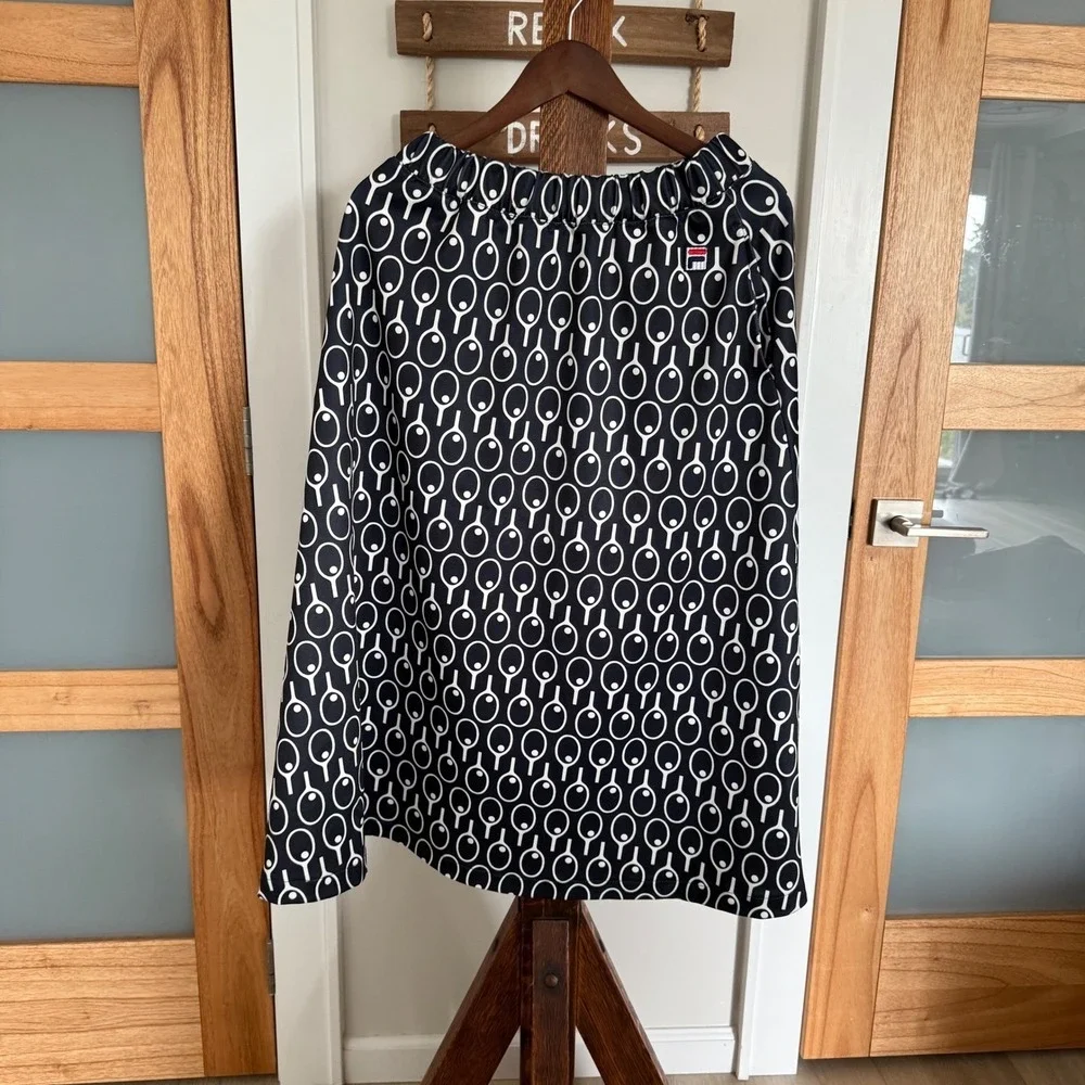 Fila Navy White Tennis‎ Racket Print Midi Skirt w/ Pockets Women's Medium NWT
